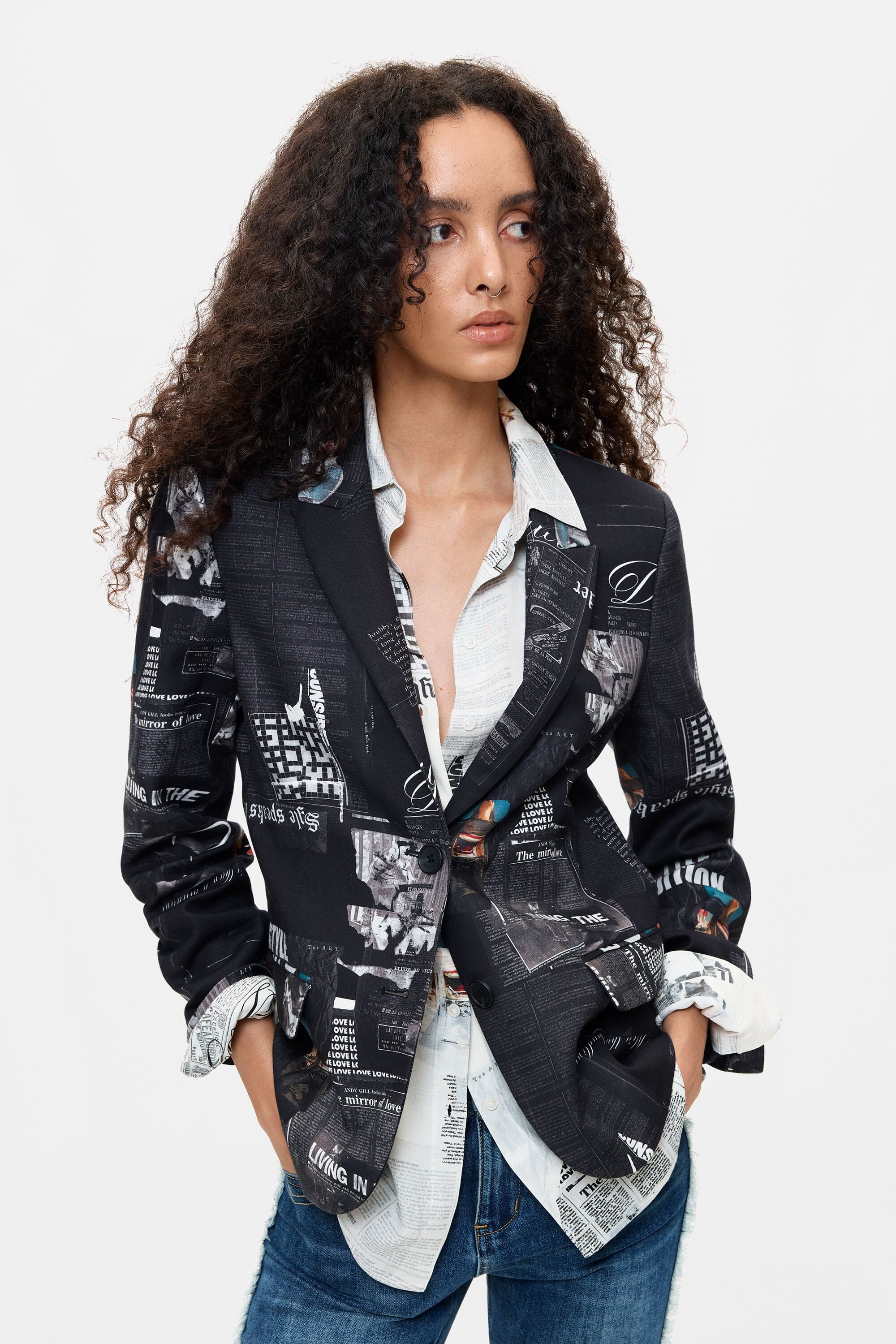 Desigual, Patchwork blazer met print, Dames, Katoen, Zwart, XS