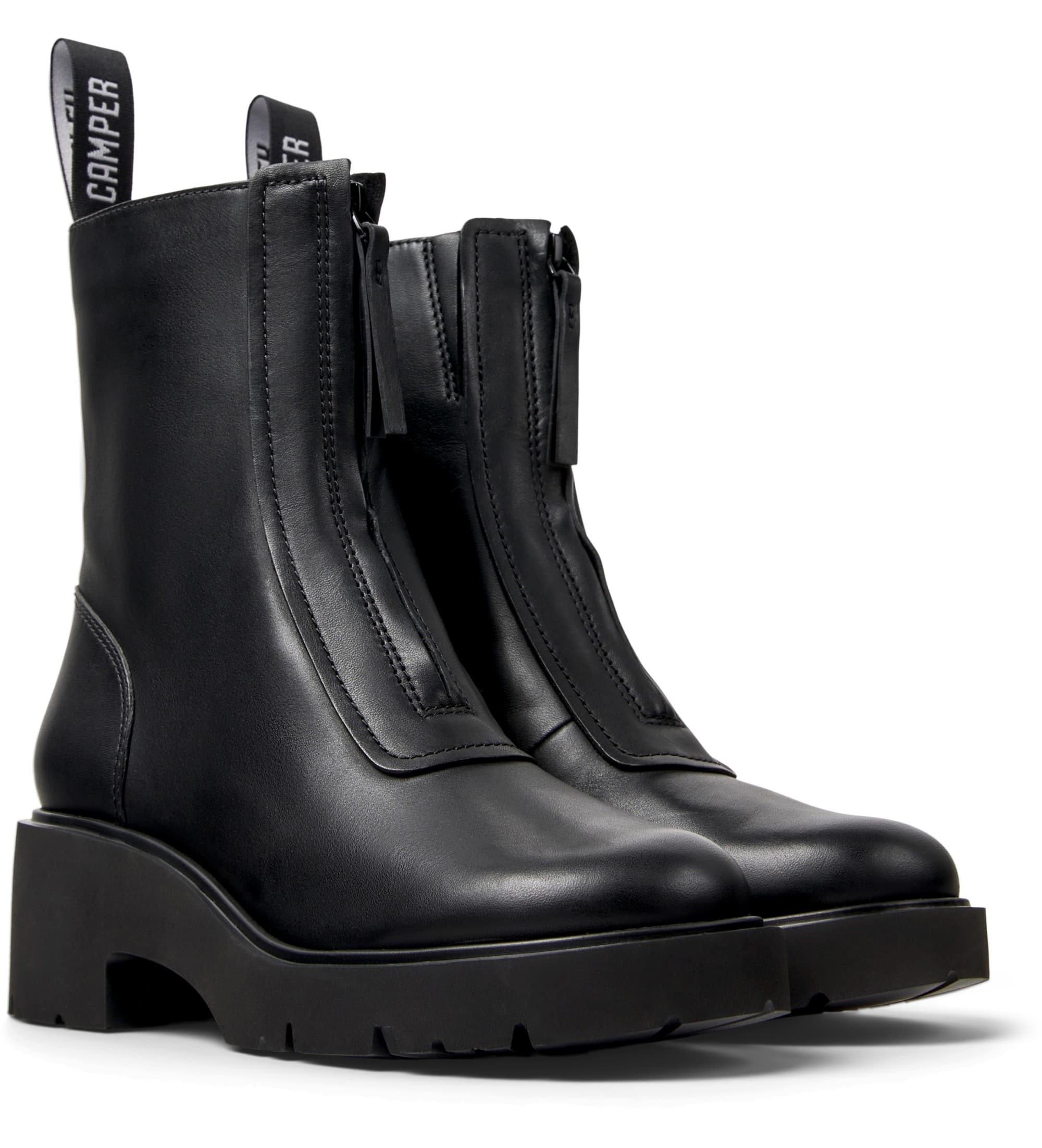 Camper pour femme. K400776-001 Bottes en cuir Milah noir (38), 1 à 3 cm, Fermeture éclair, Casuel