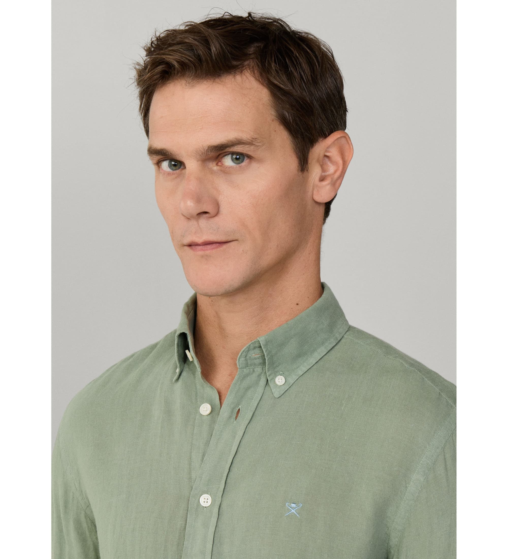 Hackett London für Herren. HM3010635 Tailliertes Leinenhemd grün (L), Lässig, Langarm