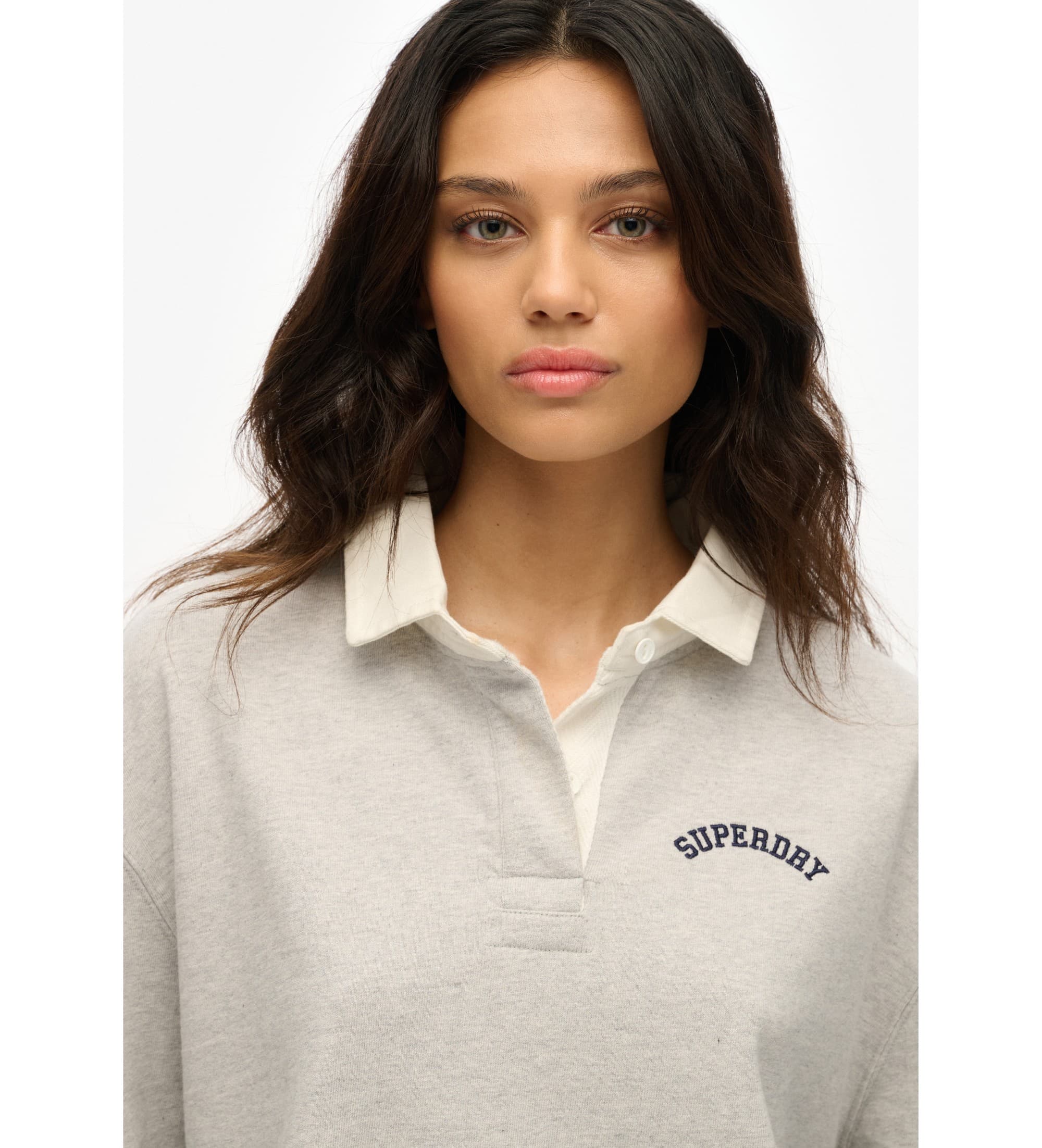 Superdryvoor vrouwen. W2012352A Rugby poloshirt wit (L), Casual, Grijs, Katoen, Lange mouwen