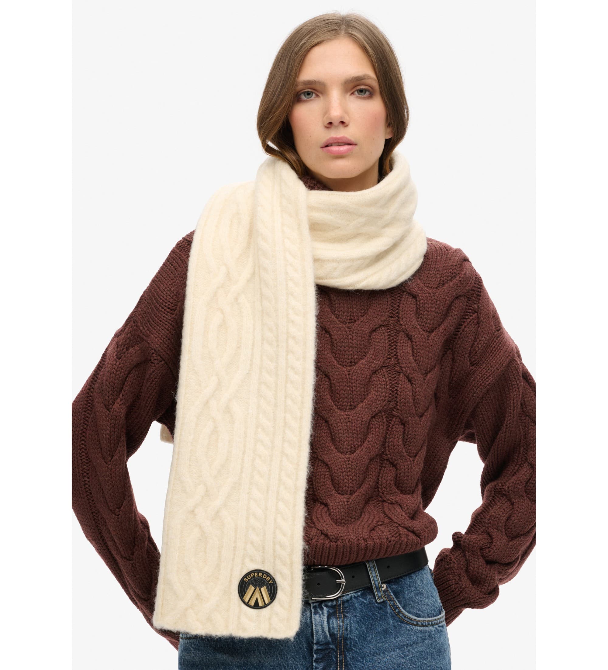 Superdryvoor vrouwen. W9310079A Luxe gebreide sjaal met beige koord (OSFA), Casual, Nylon