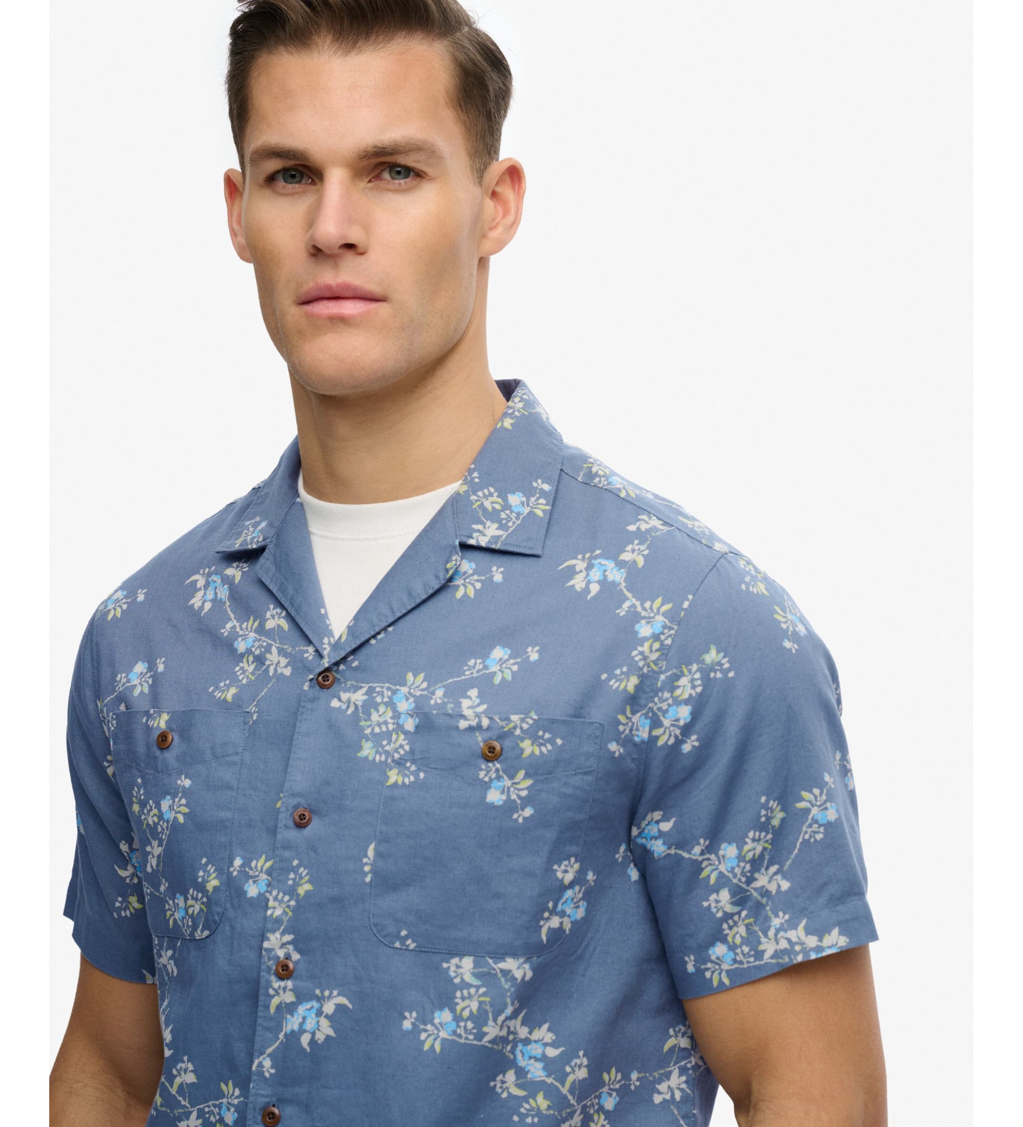 Superdry für Herren. M4011130A Bedrucktes Hemd blau (S), Lässig, Baumwolle, Kurzarm