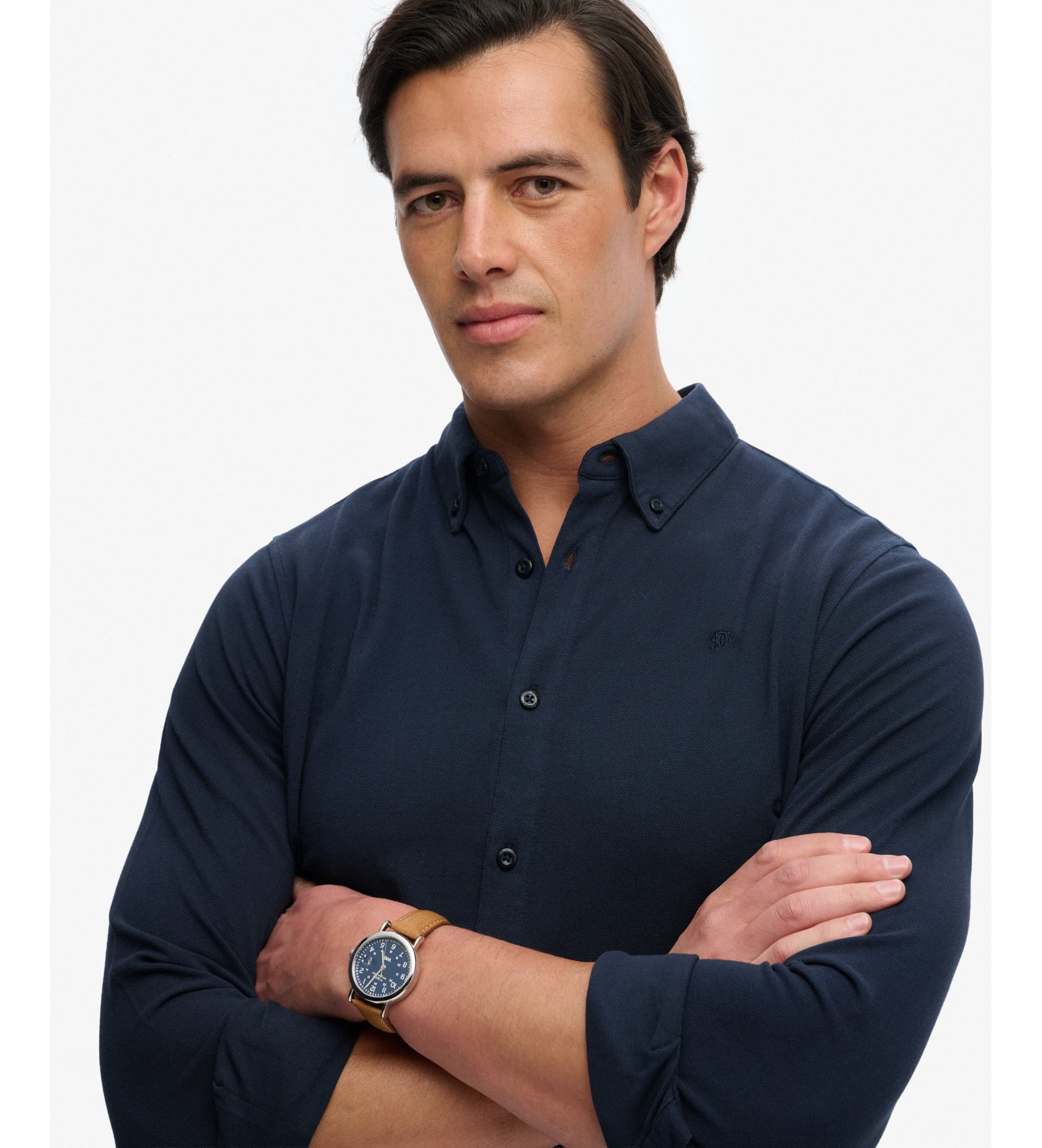 Superdryvoor mannen. M4011111A Vintage Destroy Navy Piqué Overhemd (XL), Casual, Katoen, Lange mouwen, Marineblauw