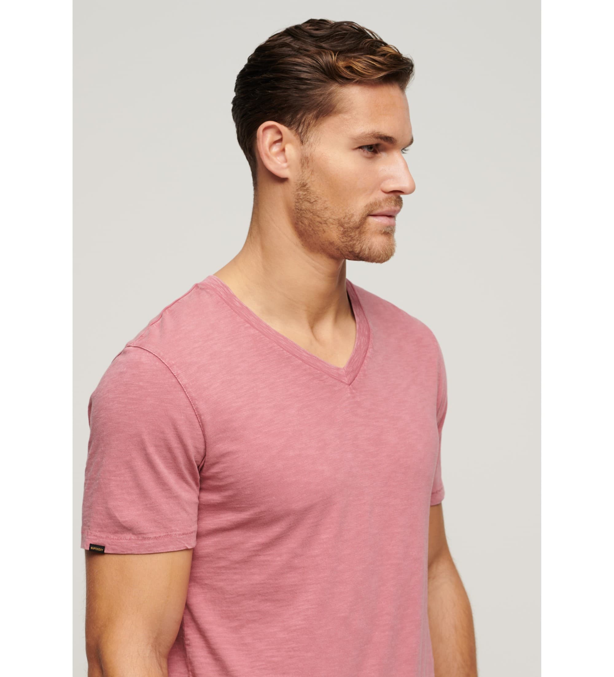 Superdryvoor mannen. M1011889A Roze gevlamd T-shirt met V-hals (XXL), Casual, Katoen, Korte mouwen
