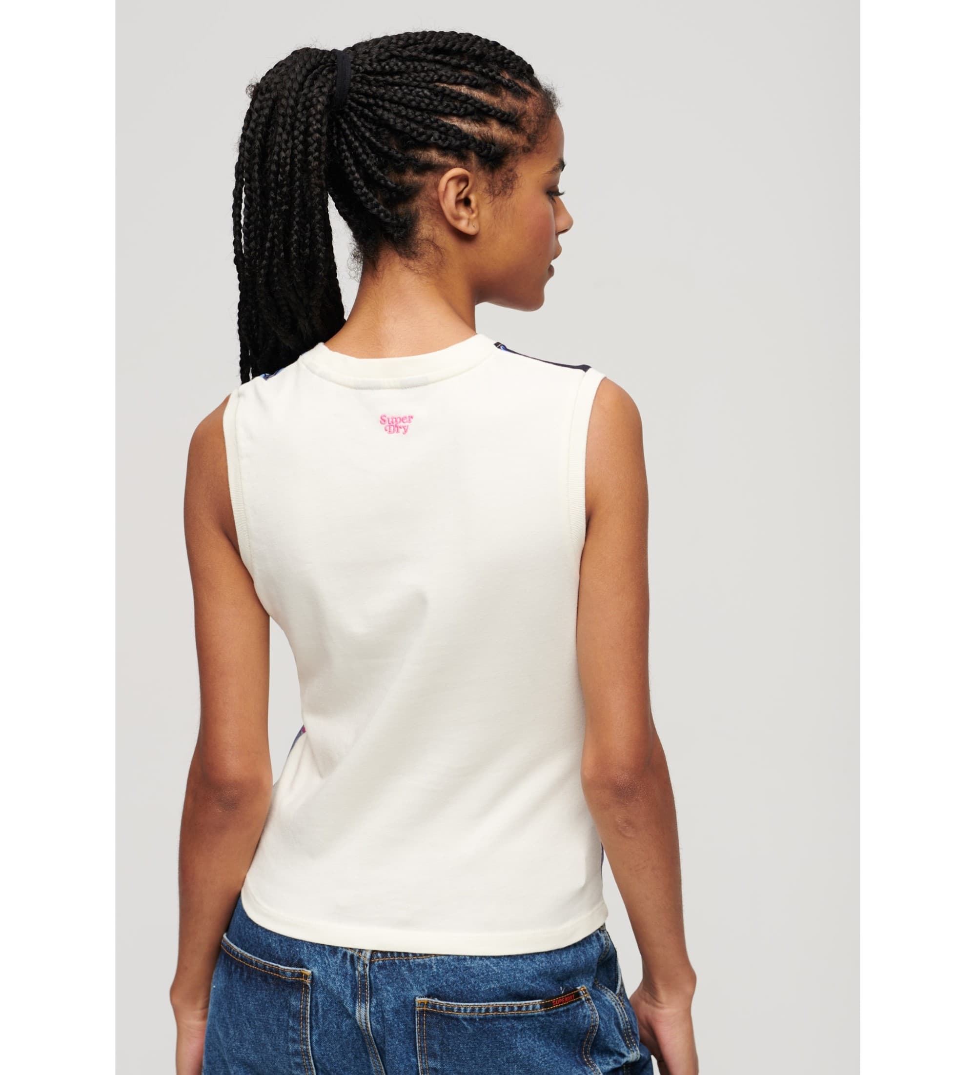 Superdry für Damen. W6011959A Tank-Top mit weißem Unterdruck (XS), Lässig, Baumwolle, Ärmellos / Hosenträger