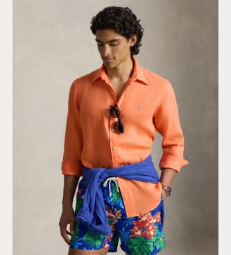 Polo Ralph Laurenvoor mannen. 710966294507 Custom Fit Linnen overhemd oranje (L), Casual, Vlas, Lange mouwen
