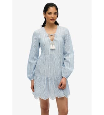 Superdryvoor vrouwen. W8011914A Gespreide mini-jurk met blauw borduursel (XS), Casual, Katoen, Lange mouwen