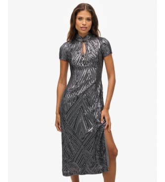 Superdryvoor vrouwen. W8012037A Mandarijn pailletten midi-jurk grijs (L), Feest, Polyester, Korte mouwen