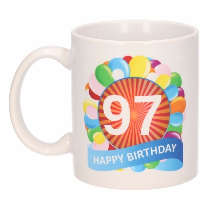 97 jaar Verjaardag koffiemok - cadeau beker - feestelijke ballonnen print - 300 ml - keramiek - wit