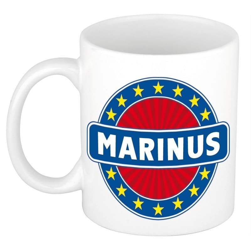 Marinus voornaam koffiemok - beker - wit/blauw - 300 ml - Cadeau - Heren - Collega - Vaderdag
