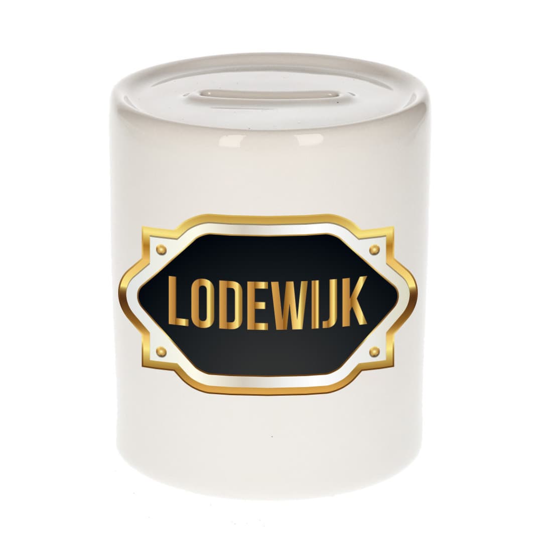 Spaarpot met voornaam Lodewijk - wit - goud/zwart embleem - 8 x 9 cm - keramiek - afsluitdop