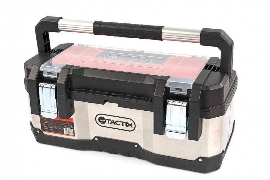 Tactix RVS gereedschapskoffer met uitneembare opbergbakjes
